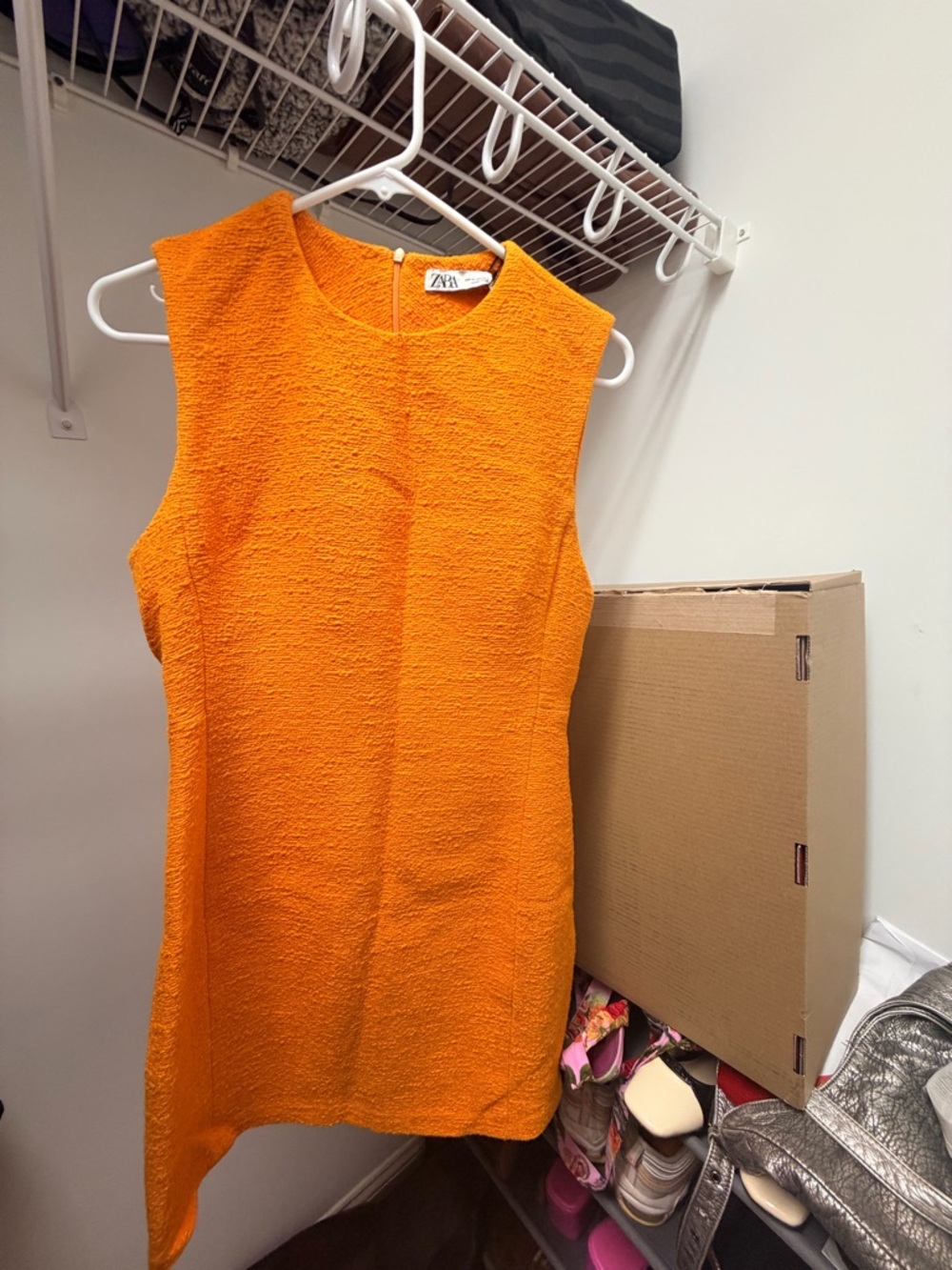 Zara Bright Orange Asymmetrical Textured Dress